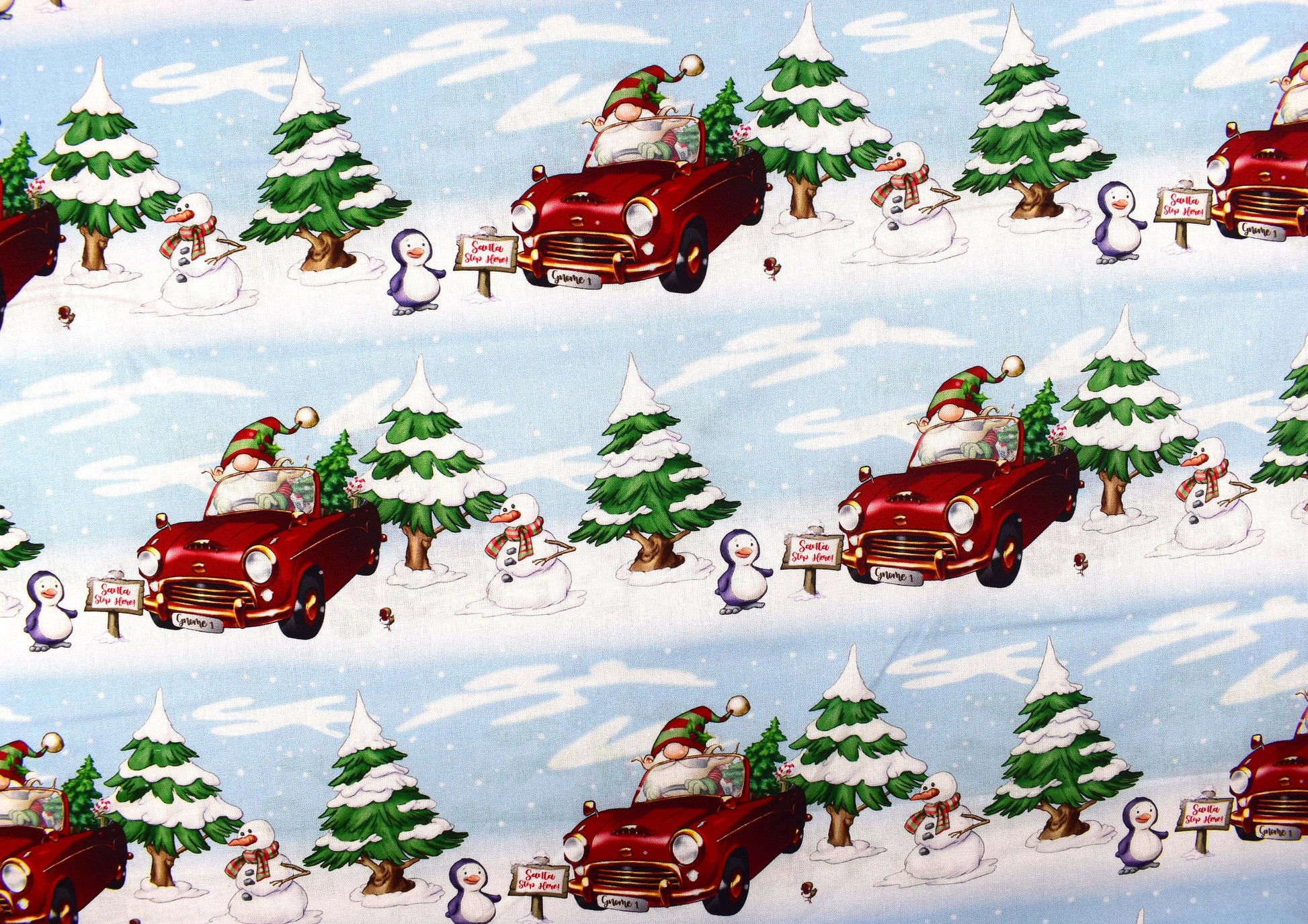 Christmas gnomes fabric, Driving Gnomes, Christmas Quilting fabric, price by the half metre The Quilt Sanctuary