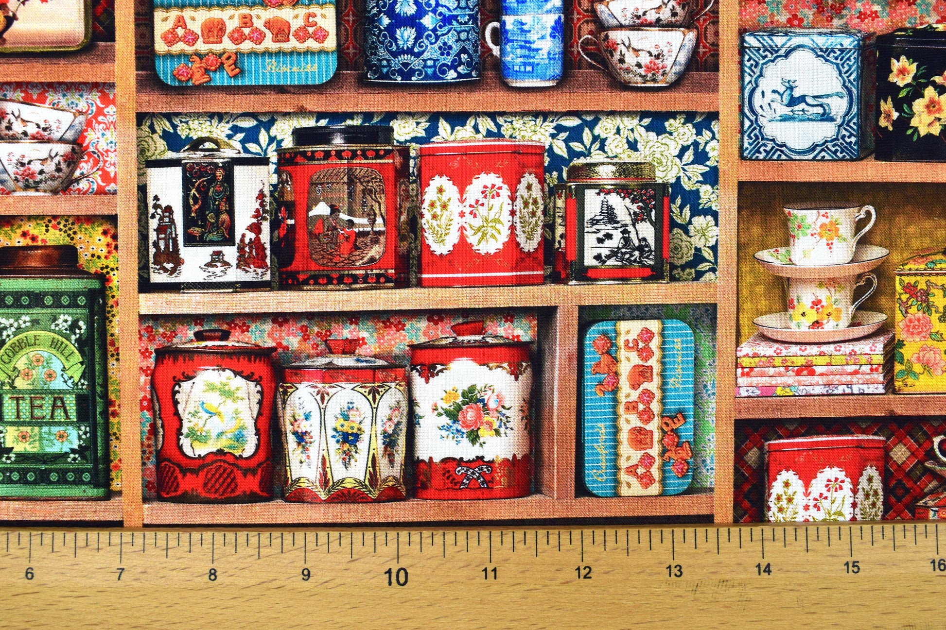 Tea cup and tea caddy quilting fabric, tea cup pattern, Cotton Fabric, Library of Rarities - Price by the Half Metre The Quilt Sanctuary