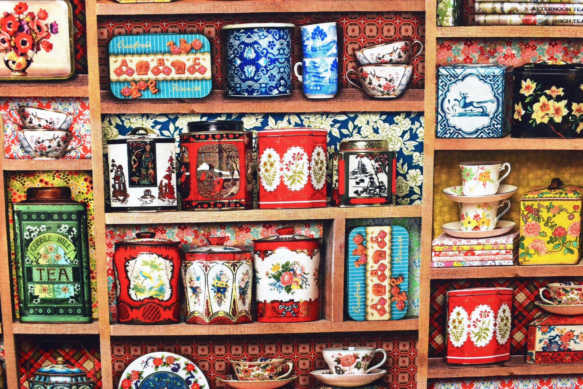 Tea cup and tea caddy quilting fabric, tea cup pattern, Cotton Fabric, Library of Rarities - Price by the Half Metre The Quilt Sanctuary