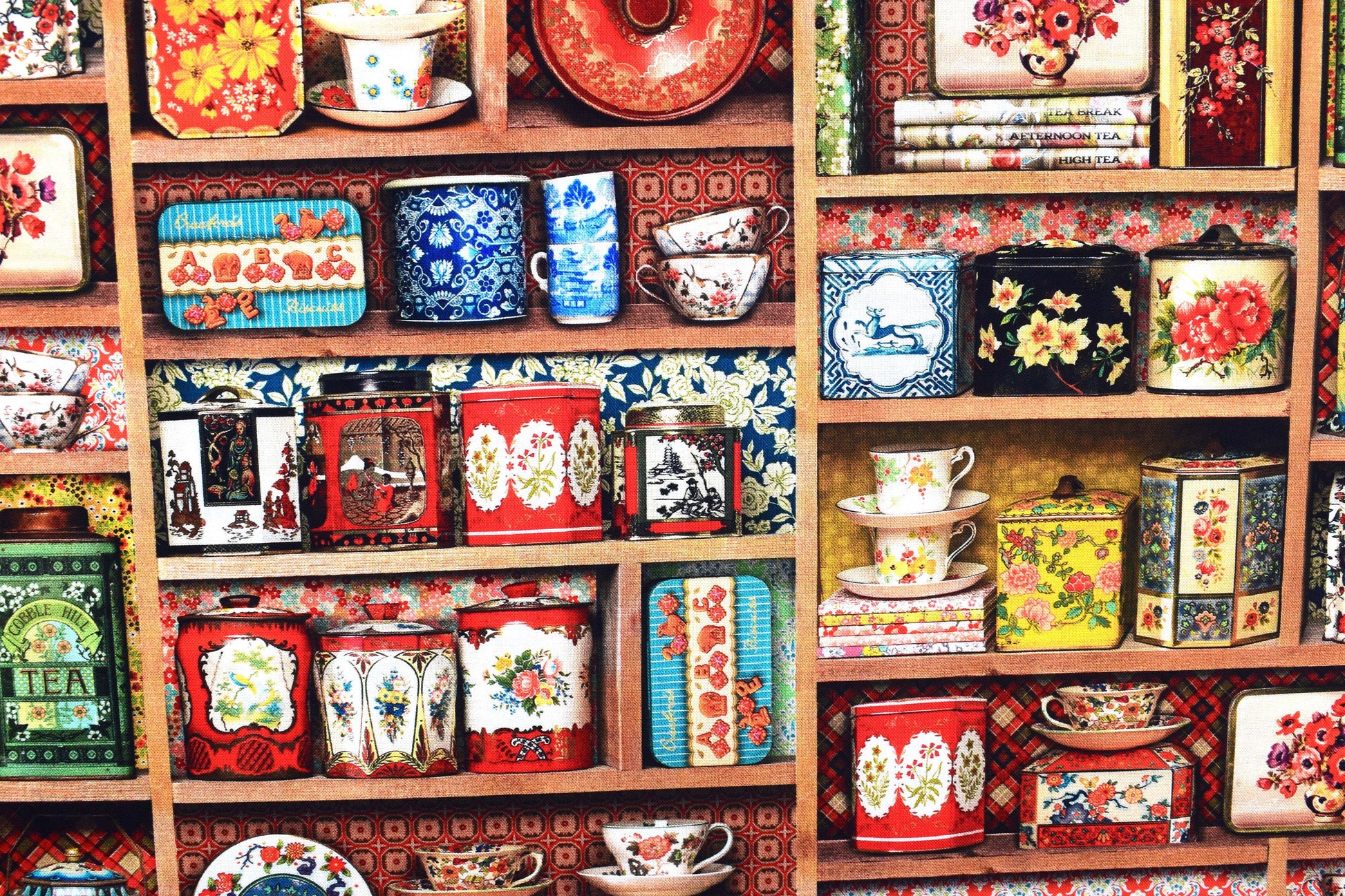 Tea cup and tea caddy quilting fabric, tea cup pattern, Cotton Fabric, Library of Rarities - Price by the Half Metre The Quilt Sanctuary