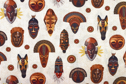 Tribal mask fabric, African Quilting fabric, cotton fabric - Price by the Half Metre The Quilt Sanctuary