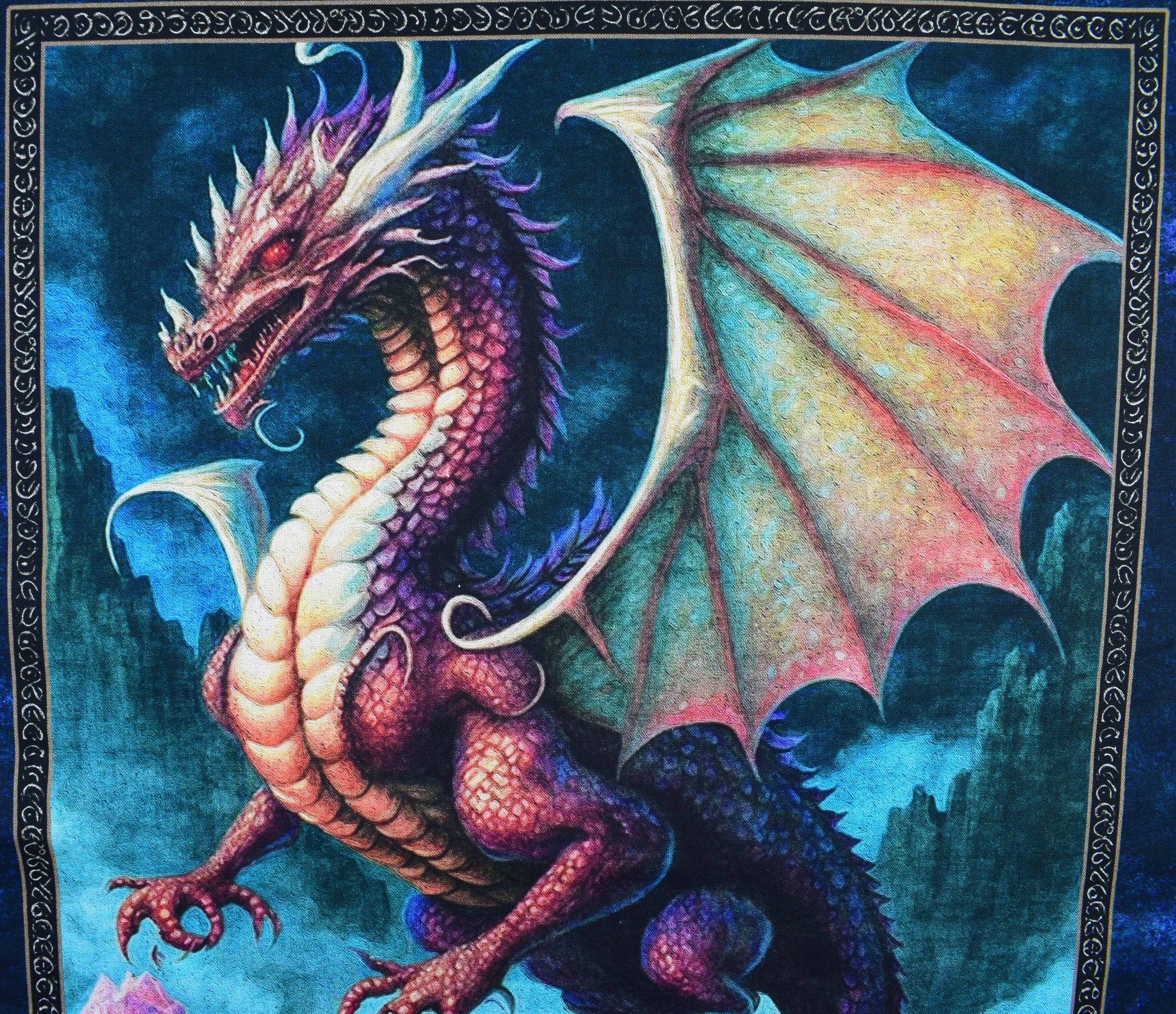 Dragon fire quilting panel, green dragon heads, Dragon fabric, picture patch The Quilt Sanctuary