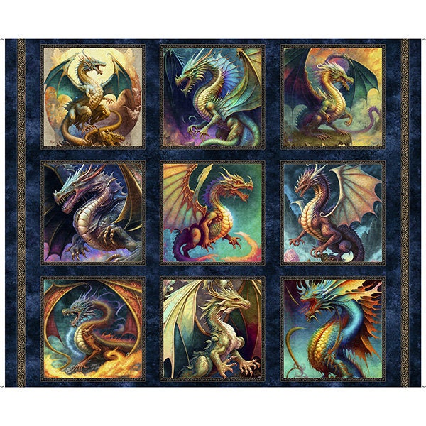 Dragon fire quilting panel, green dragon heads, Dragon fabric, picture patch The Quilt Sanctuary