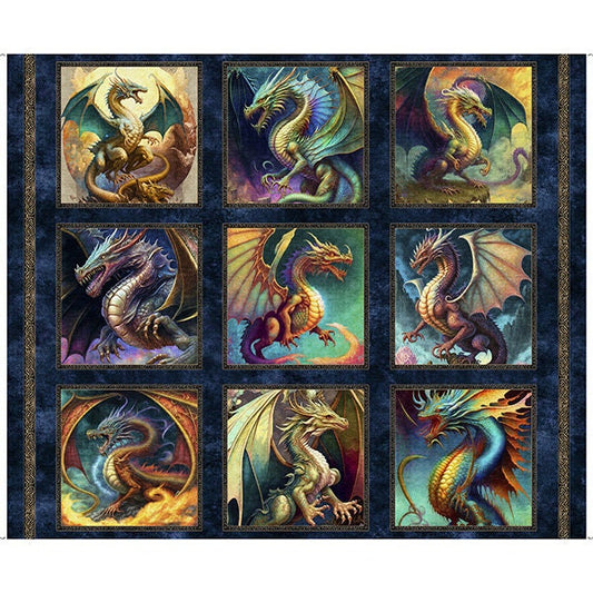 Dragon fire quilting panel, green dragon heads, Dragon fabric, picture patch The Quilt Sanctuary