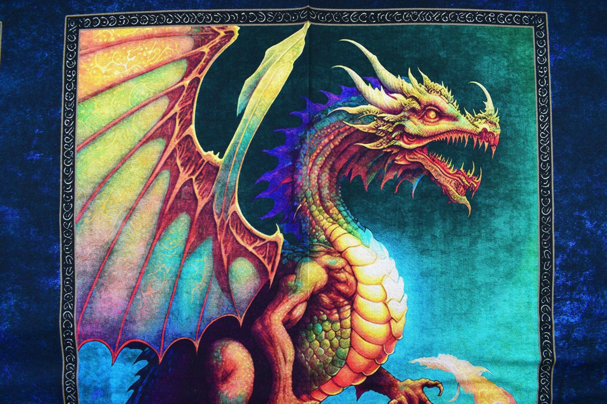 Dragon fire quilting panel, green dragon heads, Dragon fabric, picture patch The Quilt Sanctuary