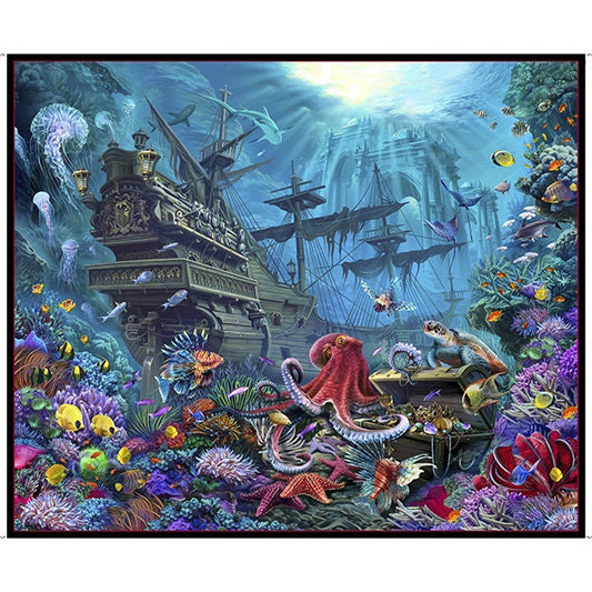 Sunken Ship Panel Cotton Fabric, Quilting Panel, treasures at sea, pirate ship, 29919 The Quilt Sanctuary